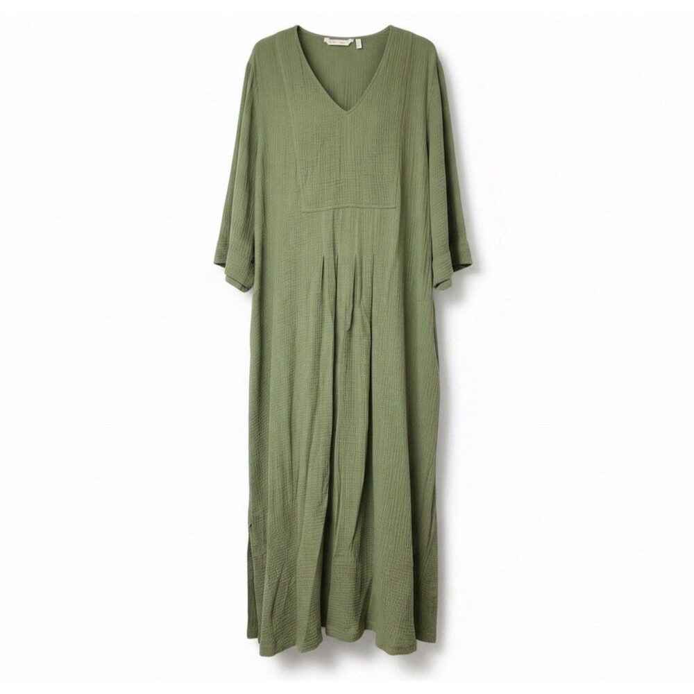 Soft Surroundings 2X Sage Green Cotton Gauze Maxi Dress Lagenlook Boho Pleated